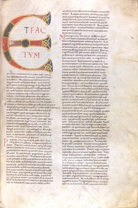 Sivu, jossa on suuraakkoset "Et Factotum", 1100-luku (miniatyyri, kalvomainen käsikirjoitus). tekijältä Unknown artist