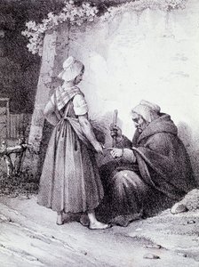 Kädentaidot: vanha ennustaja lukee nuoren tytön kättä (kaiverrus) tekijältä Unknown artist