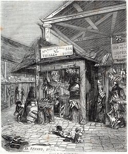 Pariisin 3. kaupunginosa - Carre de la Foret-Noire: nahan ja kenkien myynti Le Carreau du Templessä 1800-luvulla - Edmond Texierin kaiverrus "" Tableau-de-Paris" -kirjaan tekijältä Unknown artist