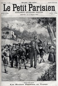 Pariisin koulujen lomamatkalla maaseudulle. Kaiverrus kirjassa "" Le Parisien"" tekijältä Unknown artist