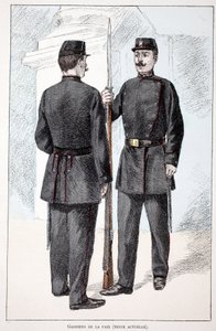 Rauhanturvaajat (Lepin aika). Etsaus väreillä, havainnollistava "" Rauhanturvaajien joukkojen historia"" -kirja, joka on julkaistu Louis Lepinen (1846-1933) Seinen poliisin prefektin suojeluksessa, Alfred Rey (1864-?) ja Louis Feron (1862). - tekijältä Unknown artist