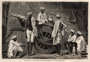 Talonpojat Scindistä (Punjabin alue, Intia) maatalouskoneidensa vieressä. Kaiverrus havainnollistamaan matkaa Pandjabiin ja Kashmiriin, Guillaume Lejeanin tarina vuonna 1866, julkaistu "Le tour du monde, nouveau journal des voyages" -lehdessä ohjeiden alla tekijältä Unknown artist