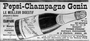 Pepsi Champagne Gonin (Pepsi-Champagne Gonin-brändiltä). Digestif valmistaa Reimsissä samppanjan ja pepsiinin kanssa. Alkoholi neuvoo dyspepsia, vatsakrampit, gastralgia, raskauden oksentelu, anemia...(myydään apteekeissa). Kaiverrus kirjaimeen "" tekijältä Unknown artist