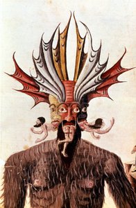 Luciferin (paholaisen) esitys Danten "Divina Commediassa". 1300-luvun käsikirjoitus. Trivulziana-kirjasto, Milano. tekijältä Unknown artist