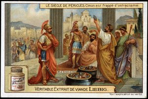 Perikleksen vuosisata (495-429 eKr.): valtiomies ja strategia Cimon (510-449 eKr.) on tyrmistynyt, vuonna 461 eKr. - Liebig-kromolitografia tekijältä Unknown artist