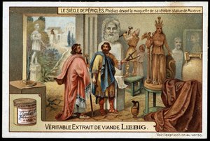Perikleksen vuosisata (495-429 eKr.): kuvanveistäjä Phidias (490-430 eKr.) kuuluisan Minerva-patsaansa mallin edessä - Liebig-kromolitografia tekijältä Unknown artist