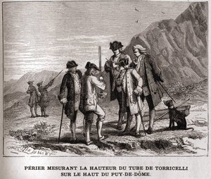 Perrier, joka mittaa Barometrin (elohopeaputken) korkeutta Puy-de-Dômen huipulla 20. syyskuuta 1618, Evangelista Torricelli tai Torricelli, kaiverrus 1800-luku, Bianchetti-kokoelma. tekijältä Unknown artist