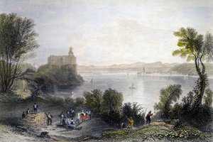 Persenbergin linna Saksassa. Etualalla puutyöläiset töissä. Kaiverrus 1800-luvulta. tekijältä Unknown artist
