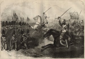 Persian anglo-sota (1856-1857): kapteeni Forbesin komentaman kolmannen brittiläisen indo-ratsuväen hyökkäys Koosh-Abin (Koosh Ab, Kooshab) taistelun aikana 8. helmikuuta tekijältä Unknown artist
