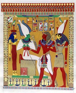 Farao Merenptah 1. (tai Mineptah, Merneptah) (1213-1204 eKr.) Horuksen ohjaamana Osirisin ja Athyrin helvetin läsnäollessa. Vasemmalta: Athyr, Osiris, Merenptah I ja Horus. (Biban-el-Moluk) - Ippolito Roselin "" Egyptin ja Ylä-Nubian muistomerkit"" tekijältä Unknown artist