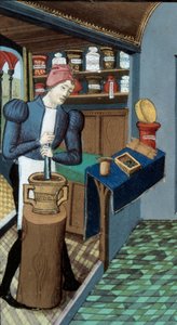 Apteekki: "" Apteekkari, kasvien poimiminen ja lääkkeiden valmistus"""" yksityiskohta miniatyyrestä otettu Bernard de Gordonin (ms. lat. 6966 fol. 154 v.) "" L