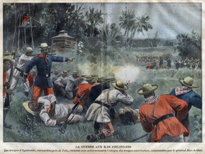 Filippiinien Amerikan sota - Amerikan ja Filippiinien sota (Philippine Americano) - Emilio Aguinaldon joukot, jotka erotettiin Polon lähellä, vastustavat kiivaasti kenraali Mac-Arthurin komentamien amerikkalaisten joukkojen hyökkäystä - kaiverrus "Le-Peler tekijältä Unknown artist