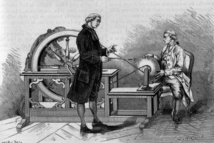 Fysiikkakokemus 1700-luvulta: sähkökoneen tuottama hehku. (Abbe Nolletilta). Kaiverrus "" La Nature: revue des sciences et de leurs applications aux arts et a l