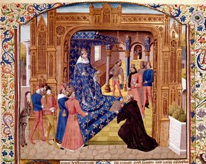 Pierre de Bressuire tarjoaa kirjansa Johannes II Hyvälle Citen saarella Pariisissa Miniatyyri Titus Liven (59 eKr.-17 jKr.) "" Histoire romainesta"" (Ad urbe condita) (Titus Livius), kääntäjä Pierre Bressuire (ms. 310) 1450-1500 Chantilly, muse tekijältä Unknown artist