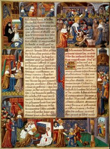 Piete-kohtaus: "" Kuningas Ludvig IX (1214-1270) (Pyhä Louis) pesee köyhien jalkoja, kuningas rukoilee ja kohtauksia kristillisestä rakkaudesta kuninkaalta"" Miniatyyri käsikirjoituksesta "" Monsignor Saintin tosiasioiden kirja Louis”” 1400-luku. Paris, B. tekijältä Unknown artist