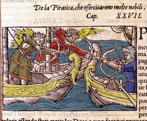 Merirosvoutta harjoittivat monet skandinaaviset jalo naiset. Kaiverrus "Historia de gentium septentrionalium" -kirjoituksesta, Olaus Magnus, Venetsia 1567. tekijältä Unknown artist