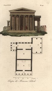 Erechtheionin tai Erechtheum A:n, Neptunuksen B temppelin, Minerva Poliasin temppelin ja Caryatidien C kuistilla sekä Pandrosuksen tai Pandrosion D:n temppelin suunnitelma ja korkeus tekijältä Unknown artist