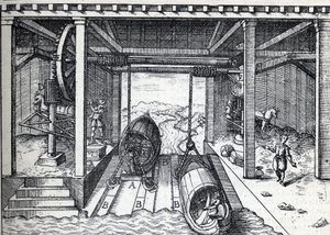Suunnittele kaltevuus veneille 1500-luvulla Brentan (joen) laguuneille Pohjois-Italiassa. Kaiverrus "" La Nature"" tekijältä Unknown artist