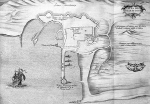 Rodoksen suunnitelma (Rodos) - kirjassa "" Kuninkaan käskyn tekemä matka de levant vuonna 1621", muokattu vuonna 1629 (Ludvig XIII Le Justen hallituskaudella) tekijältä Unknown artist