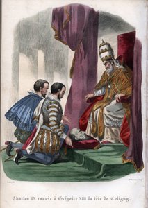 Paavi Gregorius XIII (1502-1585) vastaanottaa Pyhän Bartolomeuksen päivän joukkomurhassa vuonna 1572 murhatun Gaspard de Colignyn (1519-1572) pään lahjana Ranskan kuninkaalta Kaarle IX:ltä (1550-1574). tekijältä Unknown artist