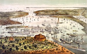 New Yorkin satama; ilmanäkymä. Kaiverrus v. 1892. tekijältä Unknown artist