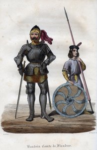 Baldwin I:n, Flanderin kreivin (830-879), joka tunnetaan myös nimellä Baldwin Iron Arm, muotokuva. (Baudouin I, Flanderin kreivi, joka tunnetaan myös nimellä Iron Bras tai Good). Kaiverrus vuodelta 1842 Maurice Lachatren teokseen "Histoire des Popes". Yksi tekijältä Unknown artist