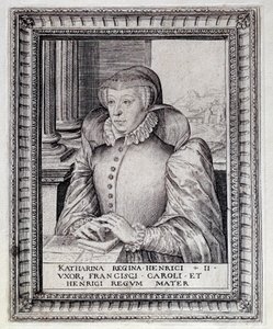 Ranskan kuningattaren Katariina de Mediciksen (Caterina de Medici) (1519-1589) muotokuva. Kaiverrus 1500-luvulta. Pau, Musee du Chateau tekijältä Unknown artist
