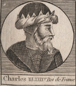 Kaarle III:n muotokuvassa lukee Yksinkertainen (879-929) frangien kuningas - KARLES III (879-929) - Kaarle Yksinkertainen - Ranskan kuningas, 893-923 - kaiverrus Charlesin "Instruction sur l