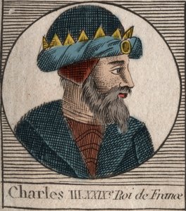Kaarle III:n muotokuvassa lukee Yksinkertainen (879-929) frangien kuningas - KARLES III (879-929) - Kaarle Yksinkertainen - Ranskan kuningas, 893-923 - kaiverrus Charlesin "Instruction sur l