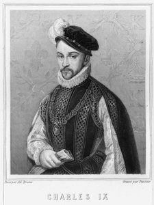 Kaarle IX:n (1550 - 1574), Ranskan kuninkaan muotokuva - Lavalléen "Histoire des Français" -kirjassa, kaiverrus, sd. tekijältä Unknown artist