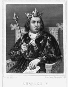 Kaarle V Viisas (1338 - 1380), Ranskan kuninkaan muotokuva - Lavalléen "Histoire des Français" -kirjassa, kaiverrus, sd. tekijältä Unknown artist