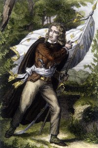 Muotokuva keittiömestari Chouan Jacques Cathelineausta (1759-1793) kantamassa lippua liljankukilla tekijältä Unknown artist