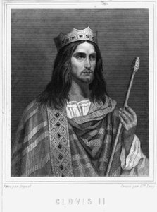 Neutrian, Burgundin ja Austrasien kuninkaan Clovis II:n (? - 657) muotokuva - Lavalléen "" Histoire des Français" -kirjassa, kaiverrus, sd. tekijältä Unknown artist
