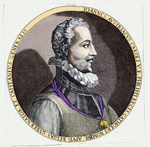 Itävallan Don Juanin (1547-1578), Kaarle V:n aviottoman pojan (1500-1558) muotokuva. Kaiverrus tekijältä Unknown artist