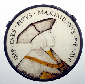 Habsburgin keisari Maximilian I:n (1459-1519) muotokuva. Lasimaalaus 1500-luvulta. Pariisi, Legion d