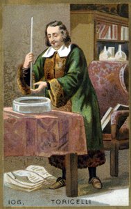 Muotokuva Evangelista Torricelli tai Toricelli (1608 - 1647), italialainen fyysikko hänen keksintö Barometer (elohopeaputki). 1800-luvun kromolitografia. tekijältä Unknown artist