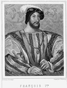 Ranskan kuninkaan Francois I:n (1494 - 1547) muotokuva - Lavalléen "Histoire des Français" -kirjassa, kaiverrus, sd. tekijältä Unknown artist