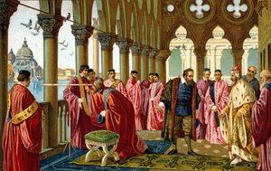 Muotokuva Galileosta Galilei dit Galileo (1564 - 1642) esittelee pitkän näkymän Dogelle hänen herttuapalatsissaan Venetsiassa. tekijältä Unknown artist