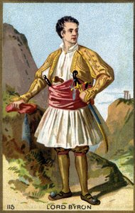 Muotokuva George Gordon Noelista, 6. Baron Byron, Lord Byron (1788 - 1824), pukeutunut kreikaksi. 1800-luvun kromolitografia. tekijältä Unknown artist