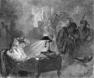 Goethen muotokuva Faust-hahmojen ympäröimänä Kaiverrus tekijältä Unknown artist