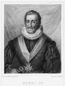 Henry IV:n (1553 - 1610), Ranskan kuninkaan muotokuva - Lavalléen "Histoire des Français" -kirjassa, kaiverrus, nd. tekijältä Unknown artist