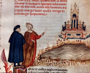 Muotokuva italialaisesta runoilijasta Dante Alighieristä ja Vergilius katsomassa Henrik VII:n valtaistuinta (laulu 20 Paratiisista jumalallisessa komediassa) - Miniatyyri tekijältä Unknown artist