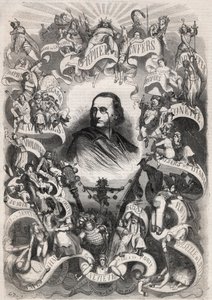 Jacques Offenbachin (1819-1880), ranskalaisen säveltäjän ja Theatre des Bouffes Parisiensin johtajan muotokuva hänen teostensa henkilöiden ympäröimänä - Kaiverrus "" Le Monde Illustré"" tekijältä Unknown artist