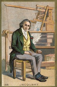 Muotokuva Joseph Marie Jacquardista (1752-1834), ranskalaisesta mekaanikasta automaattisten kangaspuiden edessä. tekijältä Unknown artist
