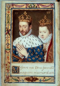 Kuningas Kaarle IX:n (1550-1574) ja Itävallan Elisabetin (1554-1592) Ranskan kuningattaren muotokuva "Catherine de Mediciksen tuntikirjan" (Caterina de Medici) käsikirjoitussivu 1500-luvun Pariisi, B.N. tekijältä Unknown artist