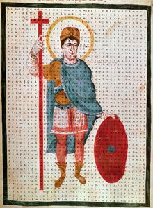 Ludvig I hurskaan eli Debonnairen muotokuva"" (778-840), Ranskan kuningas"" pienoiskuva Rabanus Maurus Magnentiuksen "" De Laudibus Sancte Crucis -kirjassa" (tai Codex Vindobonensis) n. 780-856, 830 noin Wien, Osterreichisch tekijältä Unknown artist