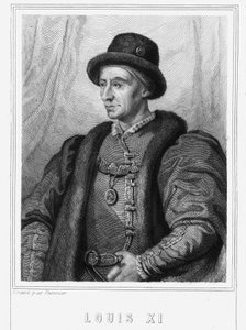 Ludvig XI:n (1423 - 1483), Ranskan kuninkaan muotokuva - Lavalléen "Histoire des Français", kaiverrus, sd. tekijältä Unknown artist
