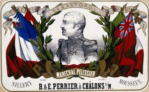 Maréchal Pelissierin muotokuva samppanjaetiketissä ""B. & E. Perrier à Chalôns sur Marne", sd. 1800-luvulla. tekijältä Unknown artist