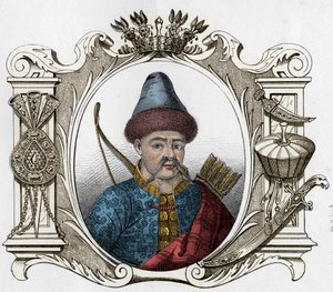 Mongolian monarkin Timur (Tamerlane) muotokuva (1336-1405) - Tamerlan (1336-1405) (tai Timur Lang, "" Timur ontuva"") Kaiverrus vuodelta 1861 tekijältä Unknown artist