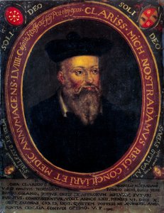 Nostradamuksen muotokuva, Michel de Notre Dame (1503 - 1566), ranskalainen astrologi ja lääkäri. Kuparikaiverrus tekijältä Unknown artist